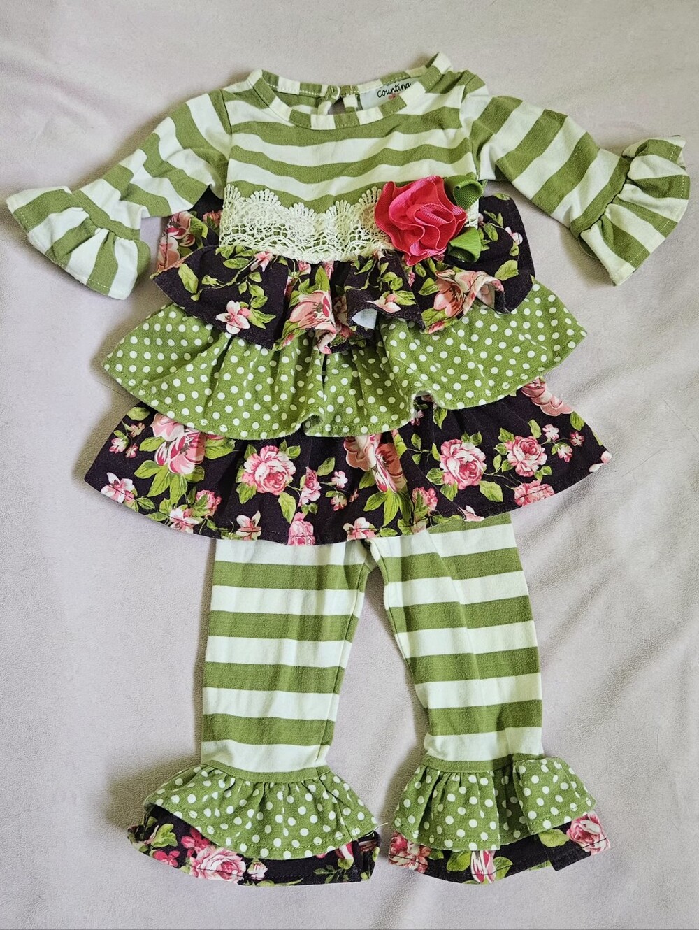 Counting Daisies Green Striped & Floral Ruffle Baby Outfit with Pink Flower 3-6M